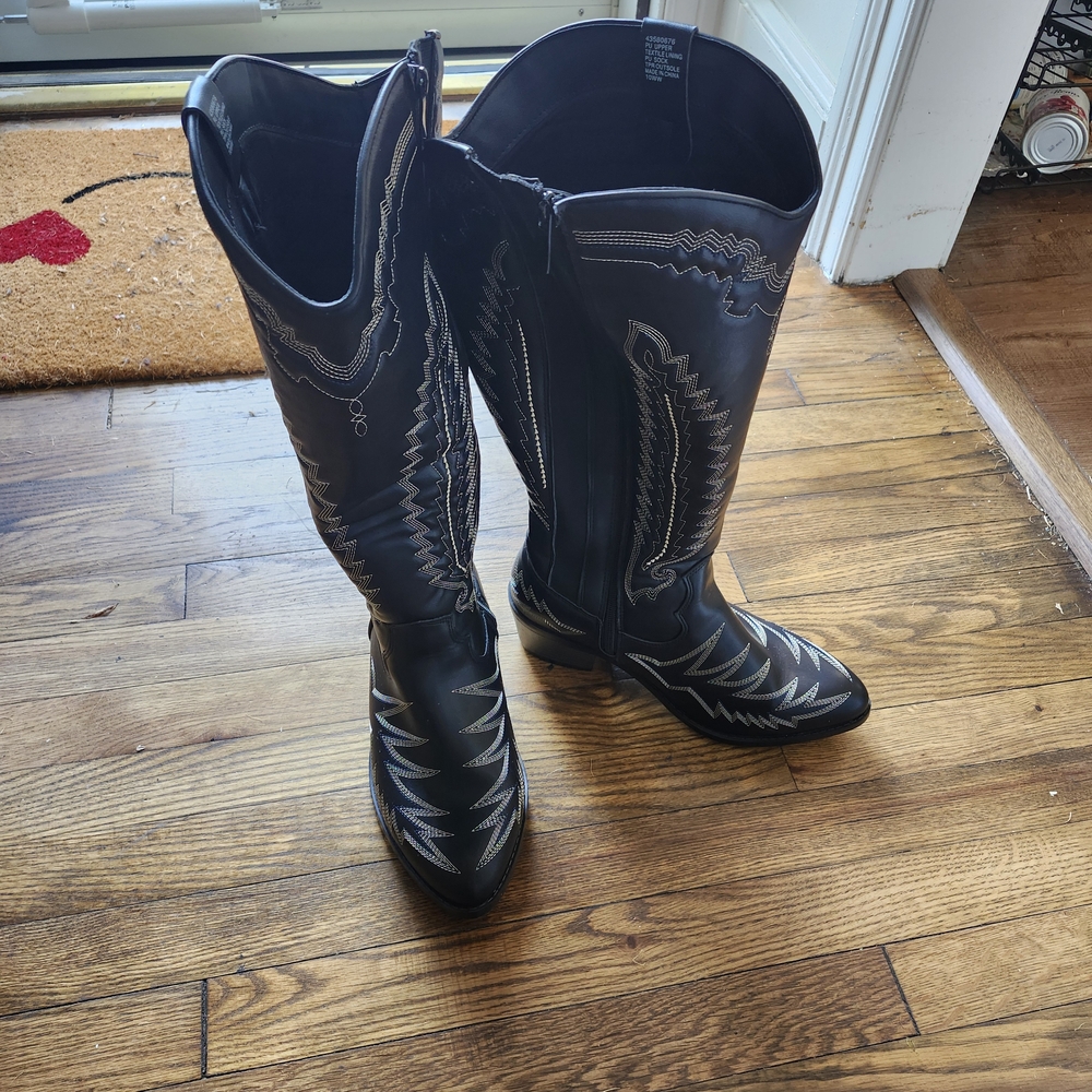 Stylish Black Embroidered Wide Width Over the Knee Boots